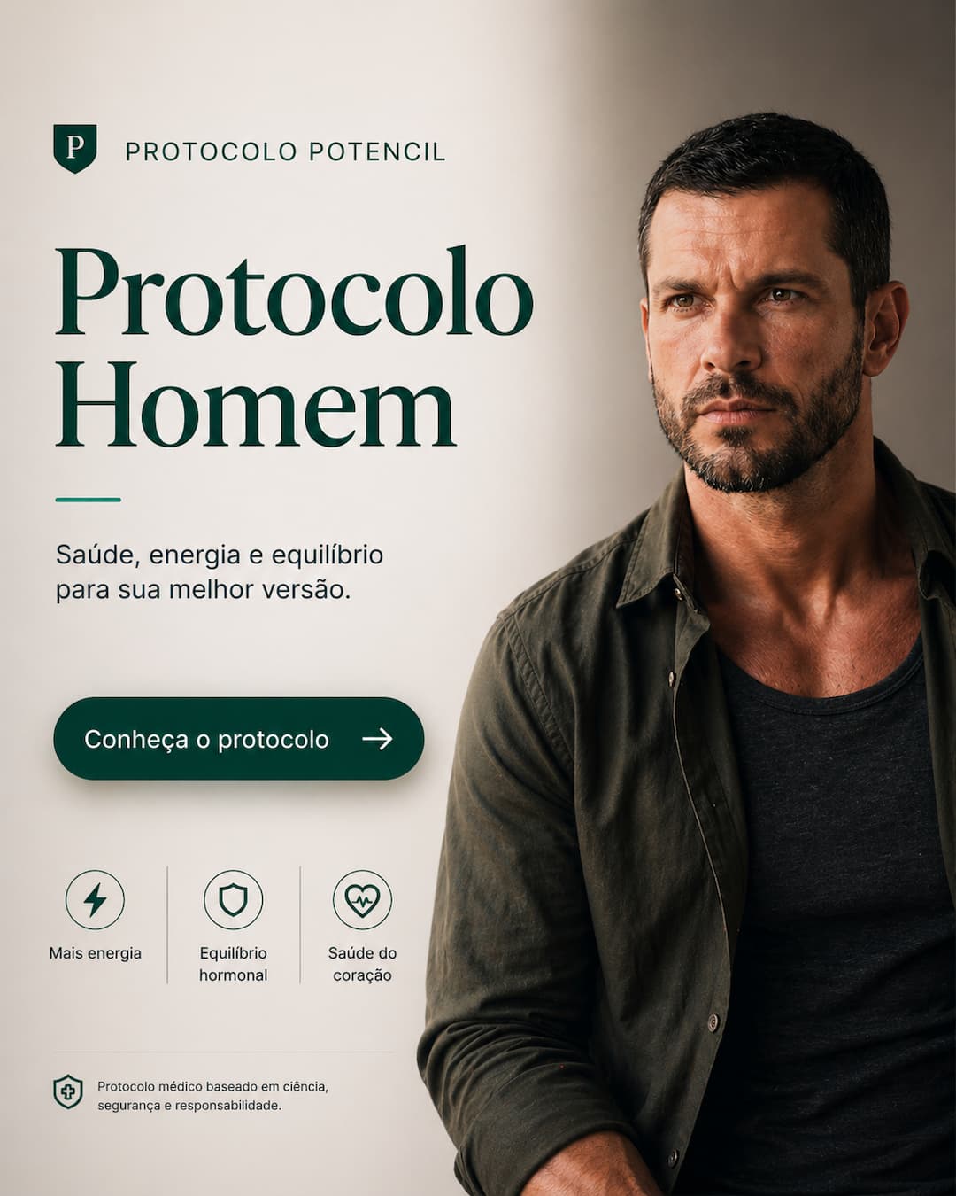 Homem adulto com expressão firme representando o protocolo Potencil, programa de reprogramação fisiológica para circulação, energia e desempenho sexual masculino.