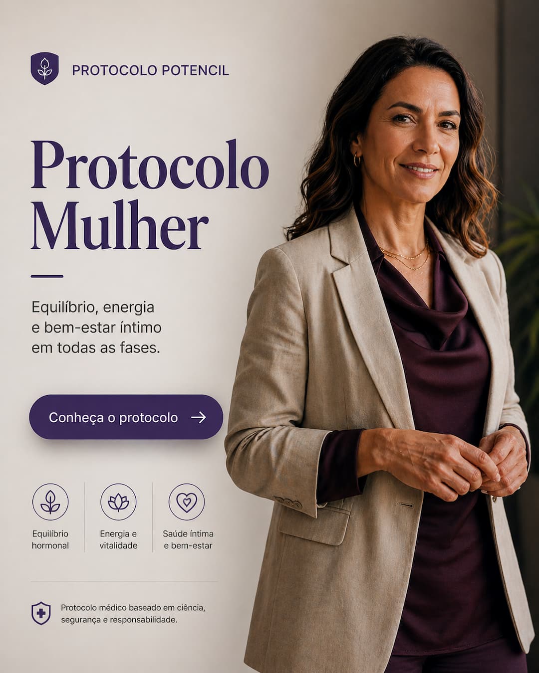 Mulher adulta com expressão segura representando o protocolo Potencil feminino, focado em energia, equilíbrio hormonal e vitalidade íntima.