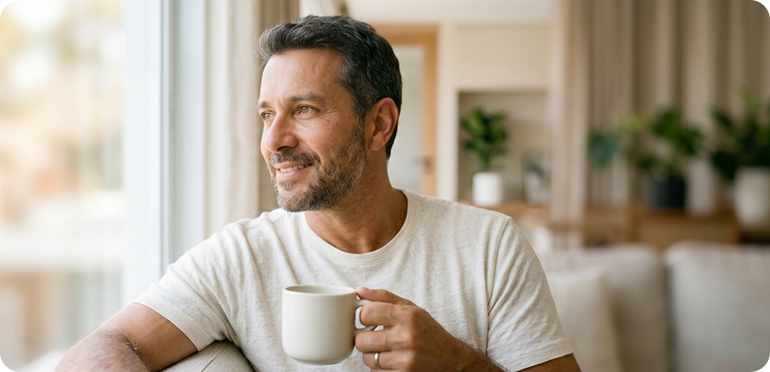 Homem tomando café, cuidando da sua vitalidade